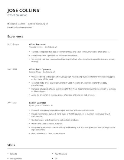 Offset Pressman Resume