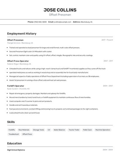 Offset Pressman Resume