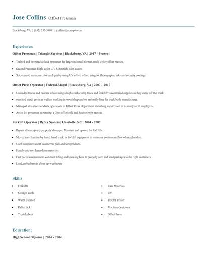 Offset Pressman Resume