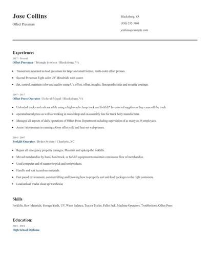 Offset Pressman Resume