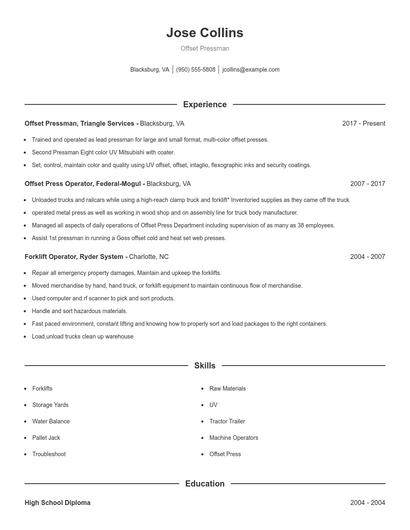 Offset Pressman Resume