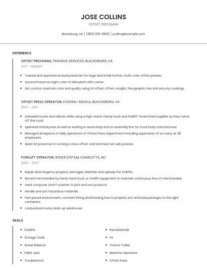 Offset Pressman Resume