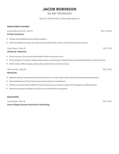 Oil Bay Technician Resume