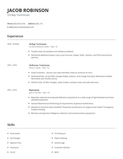 Oil Bay Technician Resume