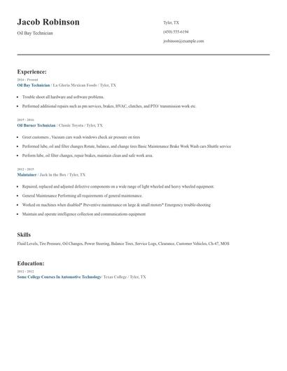 Oil Bay Technician Resume