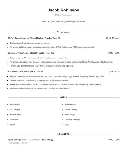 Oil Bay Technician Resume