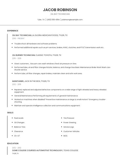 Oil Bay Technician Resume