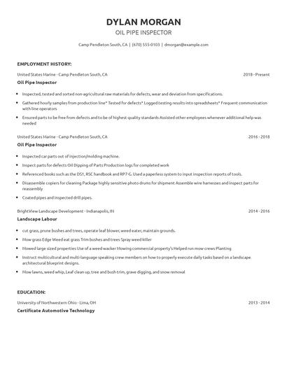 Oil Pipe Inspector Resume