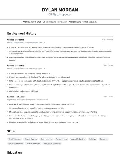 Oil Pipe Inspector Resume