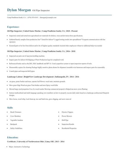 Oil Pipe Inspector Resume
