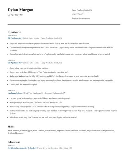 Oil Pipe Inspector Resume