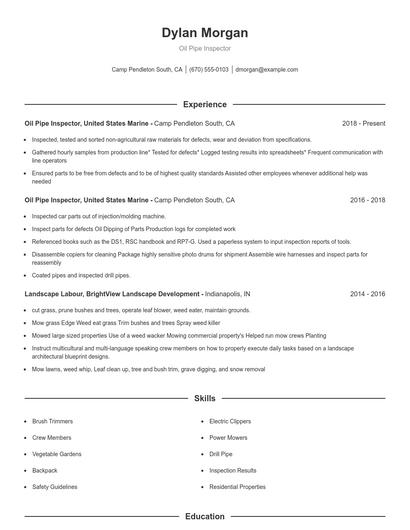 Oil Pipe Inspector Resume
