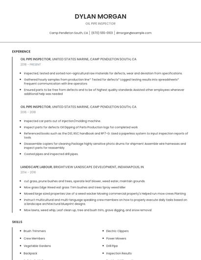 Oil Pipe Inspector Resume