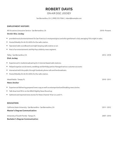 On-Air Disc Jockey Resume