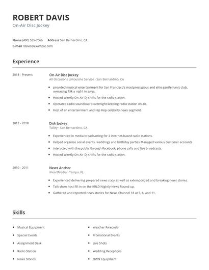 On-Air Disc Jockey Resume