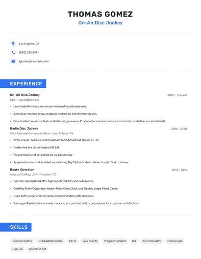On-Air Disc Jockey Resume
