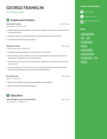 On-Air Disc Jockey Resume