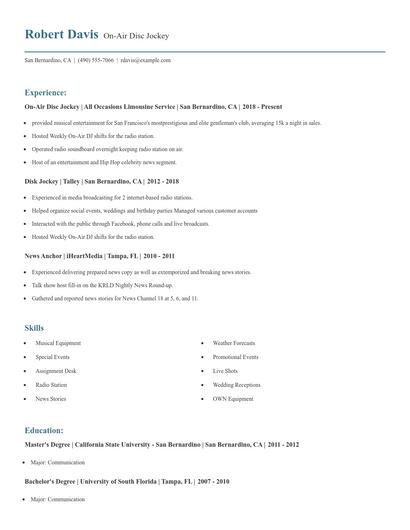 On-Air Disc Jockey Resume