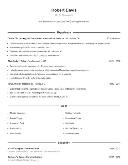 On-Air Disc Jockey Resume
