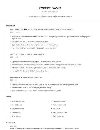 On-Air Disc Jockey Resume