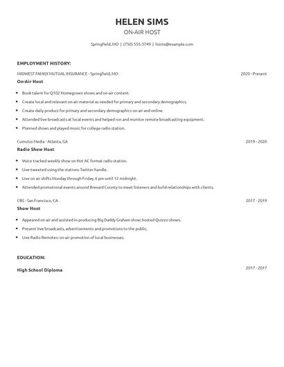 On-Air Host Resume
