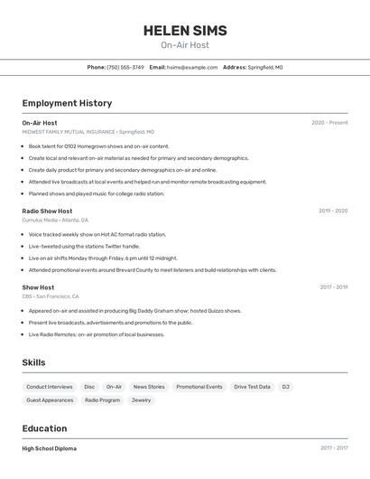 On-Air Host Resume