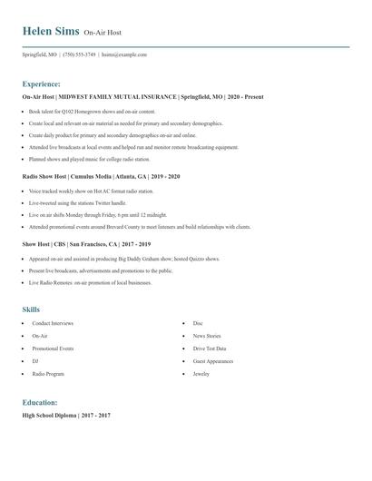 On-Air Host Resume