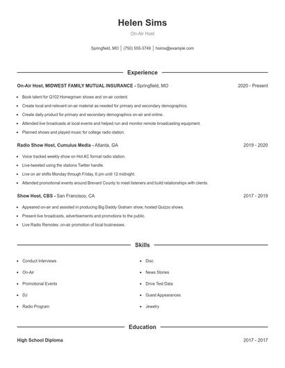 On-Air Host Resume