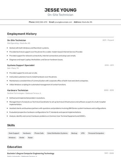 On-Site Technician Resume