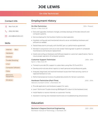 On-Site Technician Resume