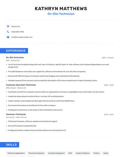 On-Site Technician Resume