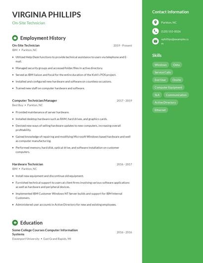 On-Site Technician Resume
