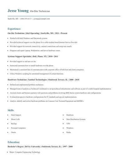 On-Site Technician Resume