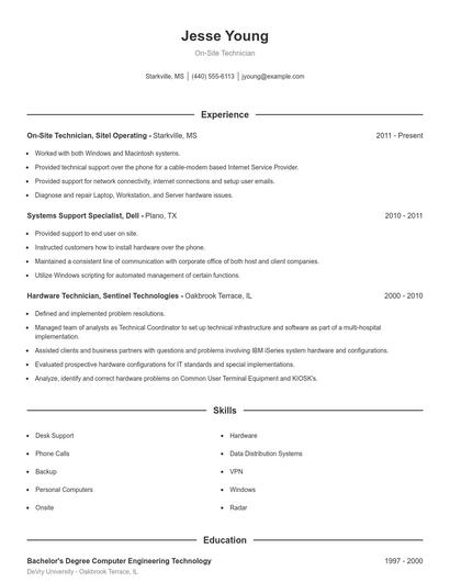 On-Site Technician Resume