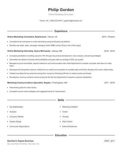 Online Marketing Consultant Resume