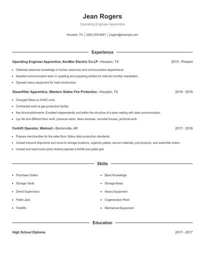Operating Engineer Apprentice Resume