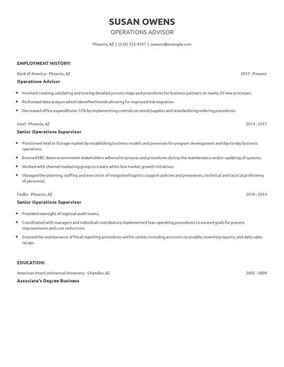 Operations Advisor Resume