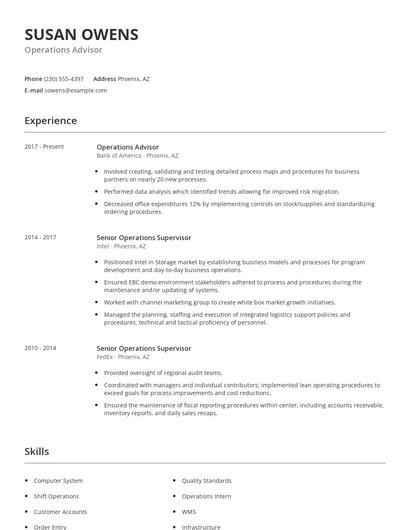 Operations Advisor Resume