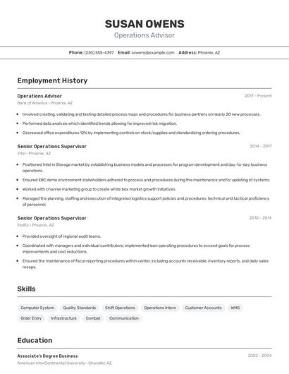 Operations Advisor Resume