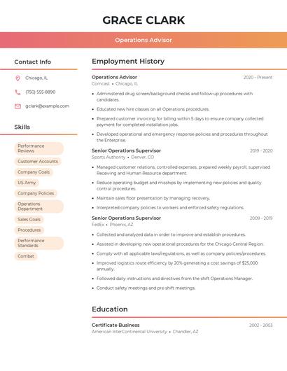Operations Advisor Resume