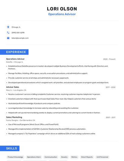 Operations Advisor Resume