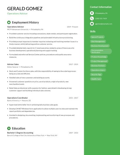 Operations Advisor Resume