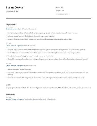 Operations Advisor Resume