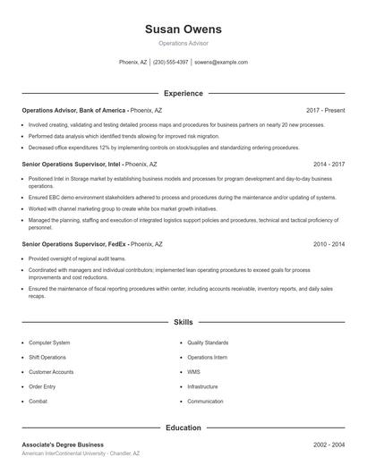 Operations Advisor Resume