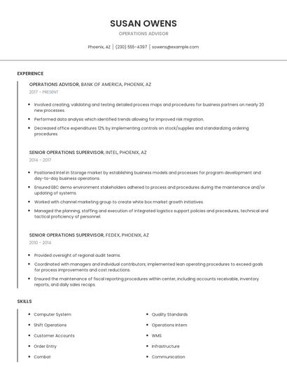 Operations Advisor Resume