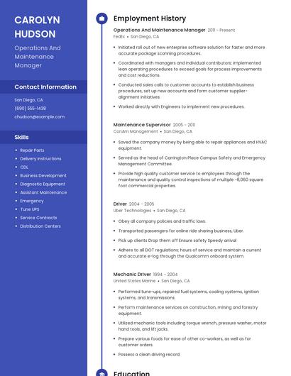 Operations And Maintenance Manager Resume