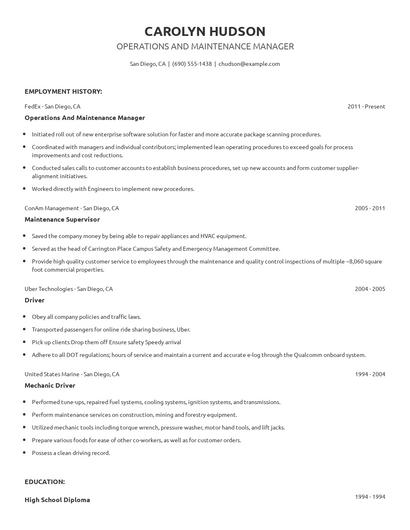 Operations And Maintenance Manager Resume