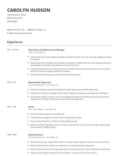 Operations And Maintenance Manager Resume
