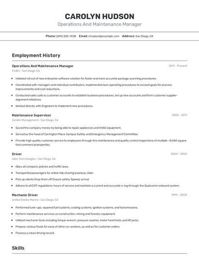 Operations And Maintenance Manager Resume