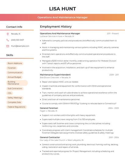 Operations And Maintenance Manager Resume